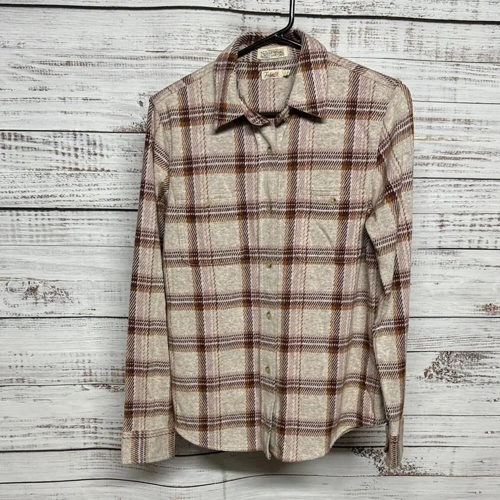 Faherty Cream and Brown Plaid Legend Flannel Shirt Small Women's - Picture 2 of 5